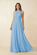Halter Pleated A - Line Chiffon Bridesmaid Dress in Steel Blue - KissProm Bridesmaid Dresses