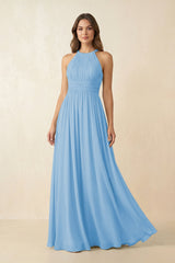 Halter Pleated A - Line Chiffon Bridesmaid Dress in Steel Blue - KissProm Bridesmaid Dresses