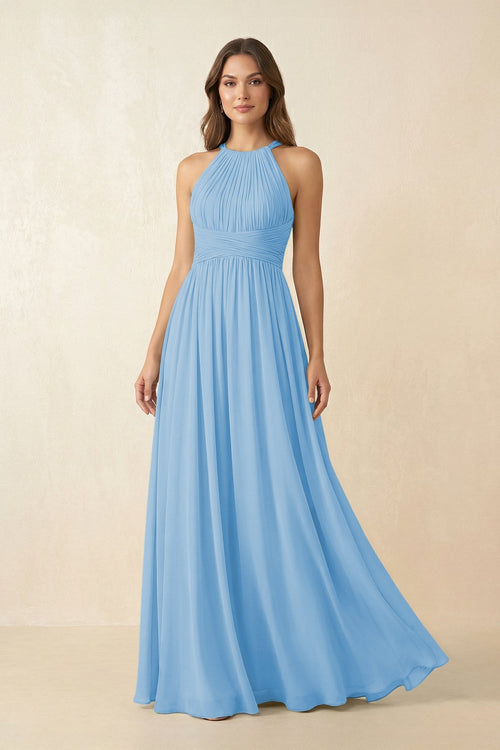 Halter Pleated A - Line Chiffon Bridesmaid Dress in Steel Blue - KissProm Bridesmaid Dresses