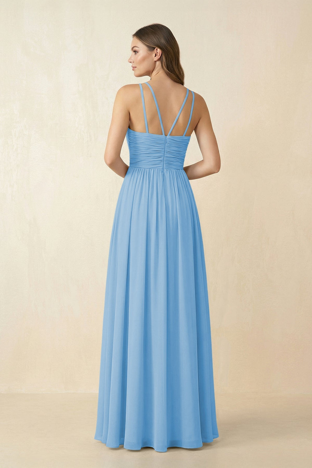 Halter Pleated A - Line Chiffon Bridesmaid Dress in Steel Blue - KissProm Bridesmaid Dresses