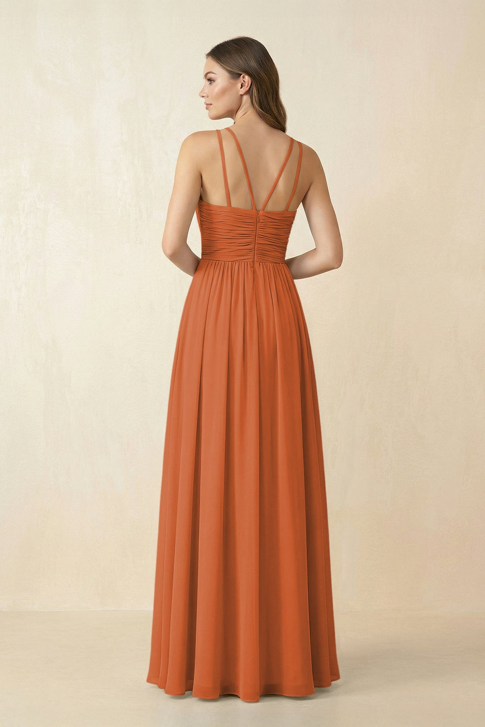 Halter Pleated A - Line Chiffon Bridesmaid Dress in Terracotta - KissProm Bridesmaid Dresses