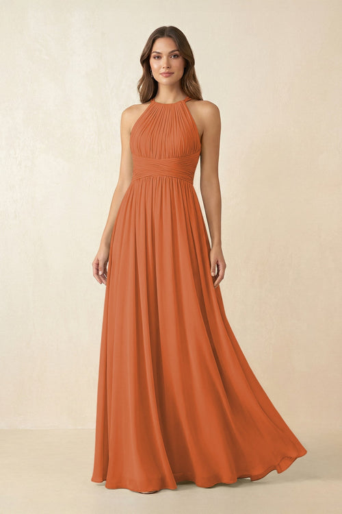 Halter Pleated A - Line Chiffon Bridesmaid Dress in Terracotta - KissProm Bridesmaid Dresses