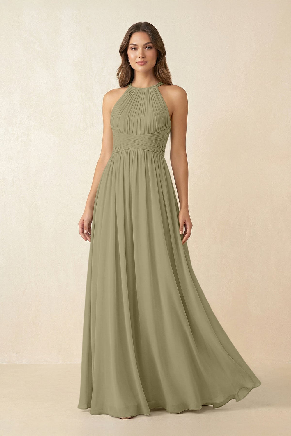 Halter Pleated A - Line Chiffon Bridesmaid Dress in Thyme - KissProm Bridesmaid Dresses