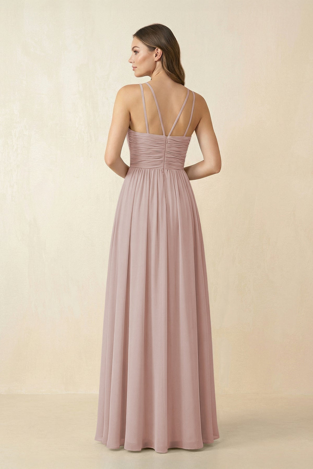 Halter Pleated A - Line Chiffon Bridesmaid Dress in Toffee - KissProm Bridesmaid Dresses