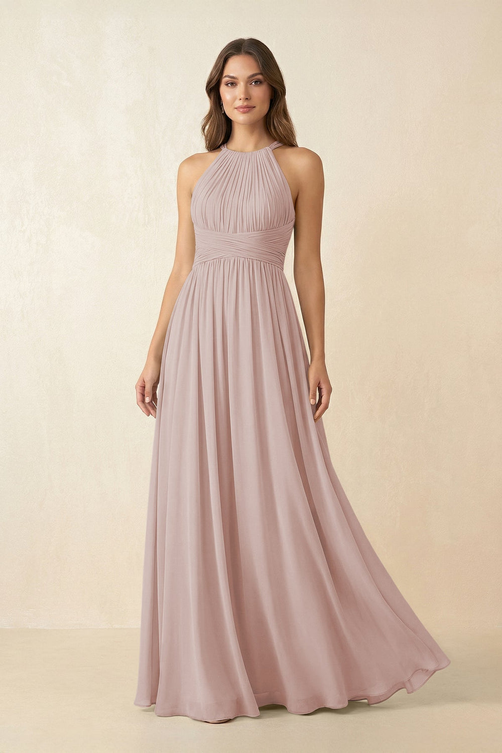 Halter Pleated A - Line Chiffon Bridesmaid Dress in Toffee - KissProm Bridesmaid Dresses