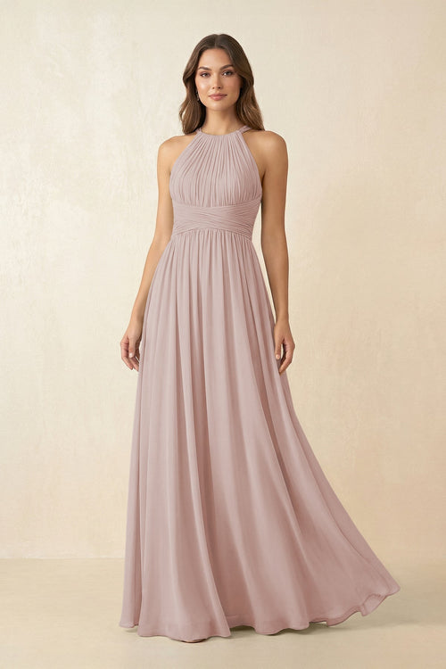 Halter Pleated A - Line Chiffon Bridesmaid Dress in Toffee - KissProm Bridesmaid Dresses