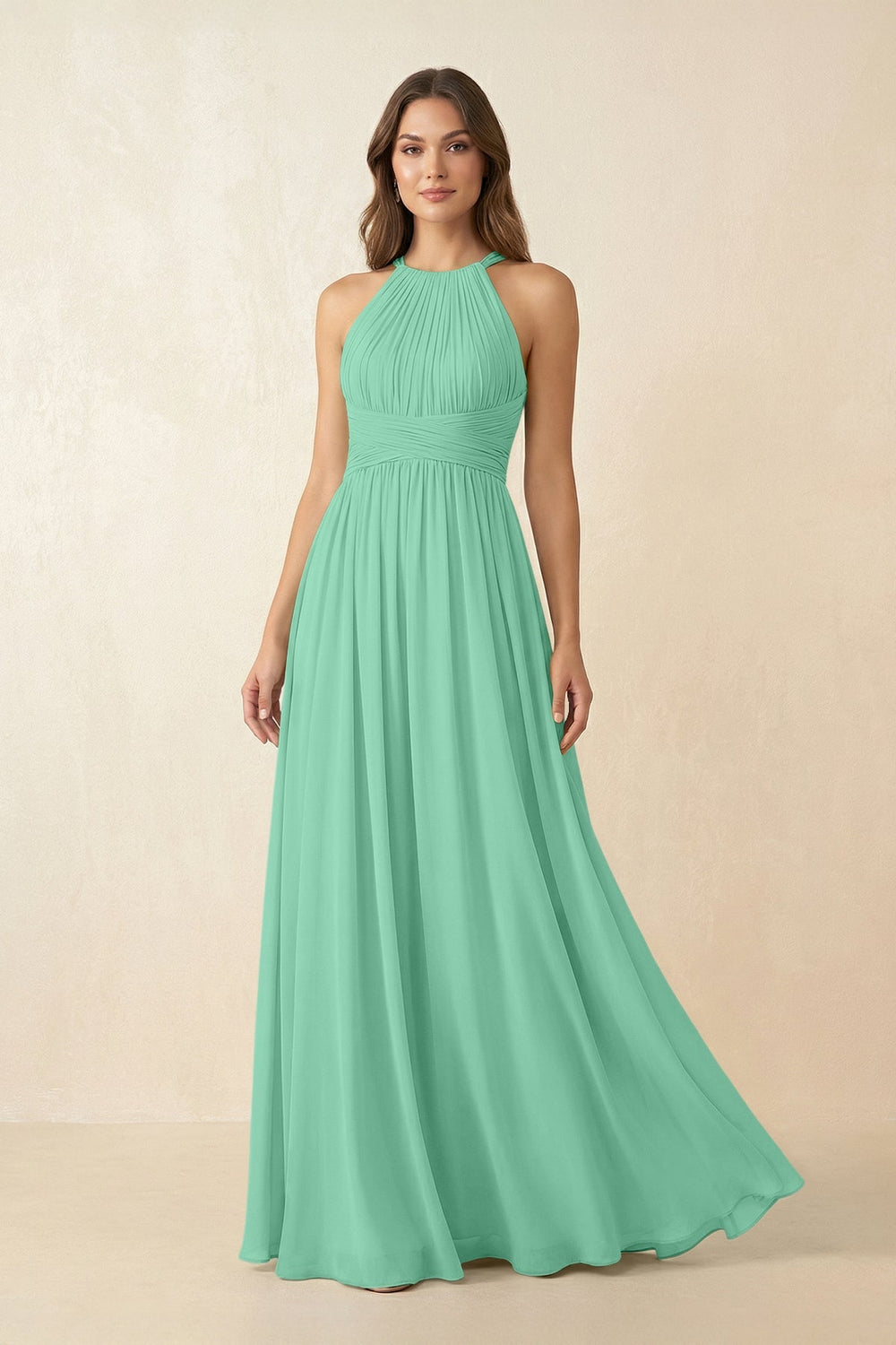 Halter Pleated A - Line Chiffon Bridesmaid Dress in Turquoise - KissProm Bridesmaid Dresses