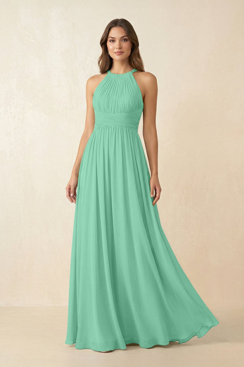 Halter Pleated A - Line Chiffon Bridesmaid Dress in Turquoise - KissProm Bridesmaid Dresses