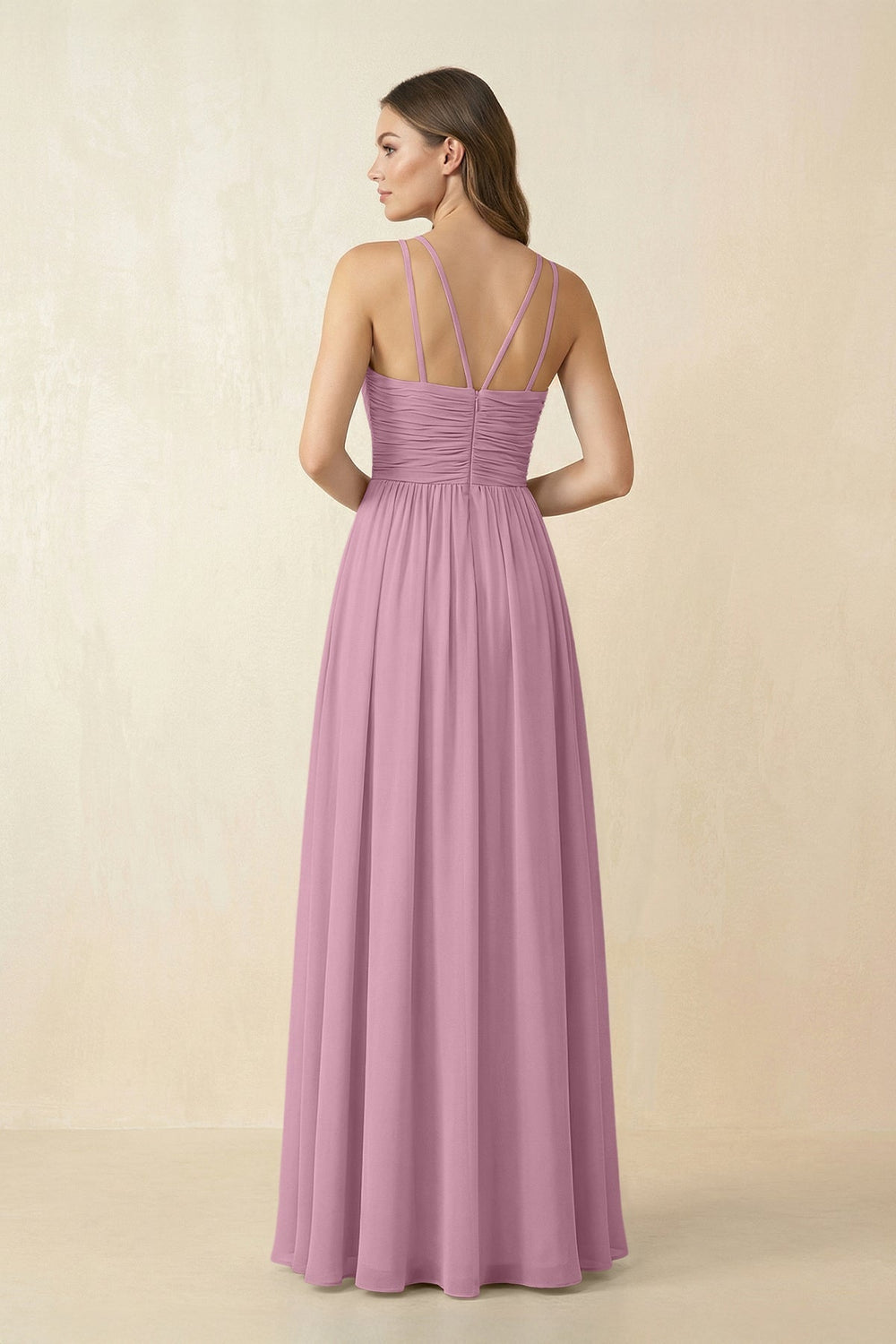 Halter Pleated A - Line Chiffon Bridesmaid Dress in Vintage Mauve - KissProm Bridesmaid Dresses
