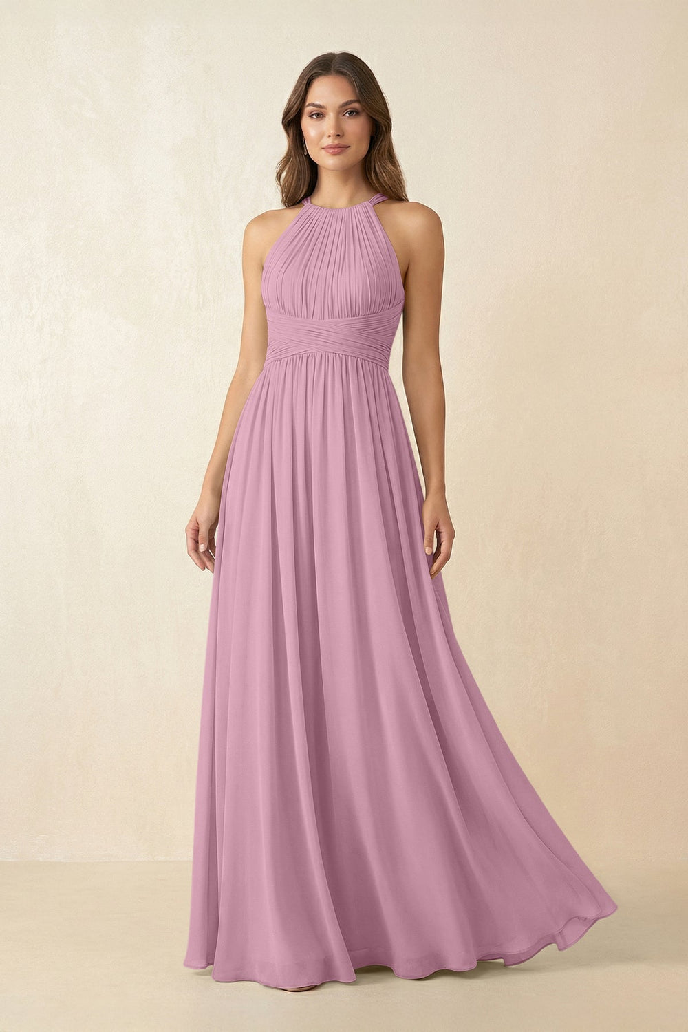 Halter Pleated A - Line Chiffon Bridesmaid Dress in Vintage Mauve - KissProm Bridesmaid Dresses