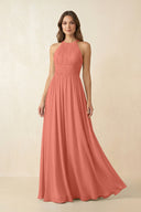 Halter Pleated A - Line Chiffon Bridesmaid Dress in Wild Rose - KissProm Bridesmaid Dresses