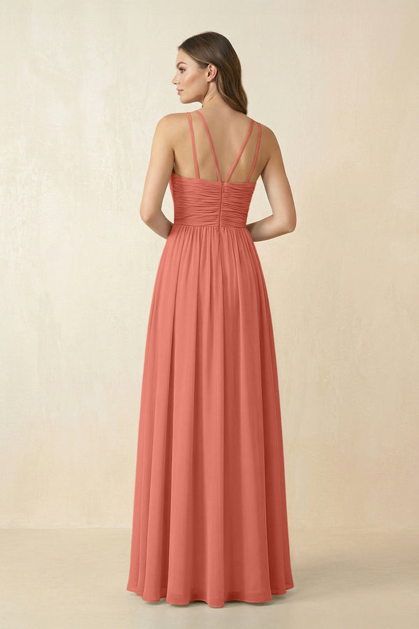 Halter Pleated A - Line Chiffon Bridesmaid Dress in Wild Rose - KissProm Bridesmaid Dresses