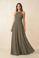 Halter Pleated A - Line Chiffon Bridesmaid Dress in Willow Green - KissProm Bridesmaid Dresses