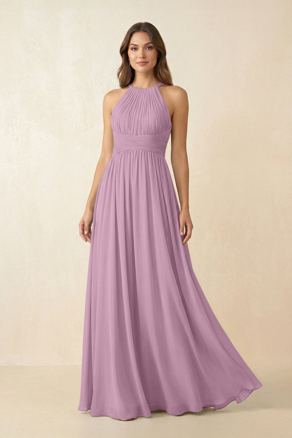Halter Pleated A - Line Chiffon Bridesmaid Dress in Wisteria - KissProm Bridesmaid Dresses