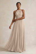 Halter Pleated Chiffon A - Line Bridesmaid Dress in Almond - KissProm Bridesmaid Dresses