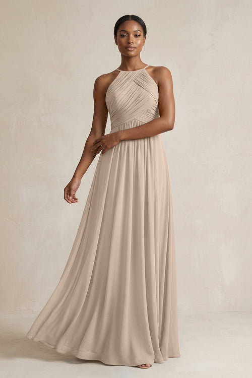 Halter Pleated Chiffon A - Line Bridesmaid Dress in Almond - KissProm Bridesmaid Dresses