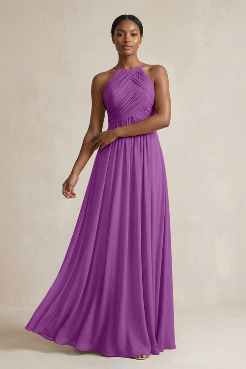 Halter Pleated Chiffon A - Line Bridesmaid Dress in Amethyst - KissProm Bridesmaid Dresses