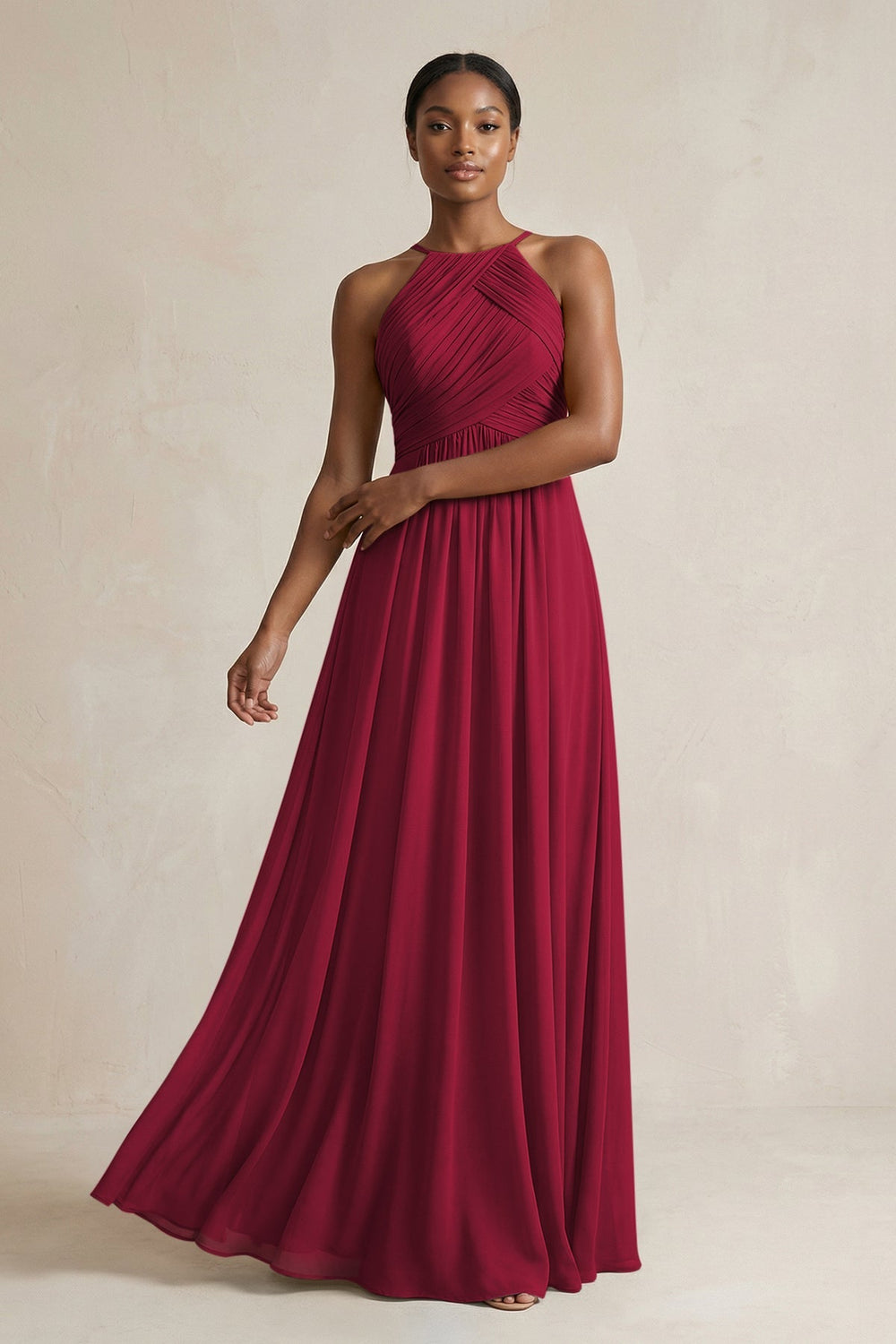 Halter Pleated Chiffon A - Line Bridesmaid Dress in Berry - KissProm Bridesmaid Dresses