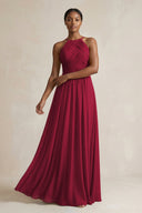 Halter Pleated Chiffon A - Line Bridesmaid Dress in Berry - KissProm Bridesmaid Dresses
