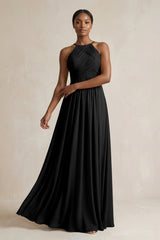 Halter Pleated Chiffon A - Line Bridesmaid Dress in Black - KissProm Bridesmaid Dresses