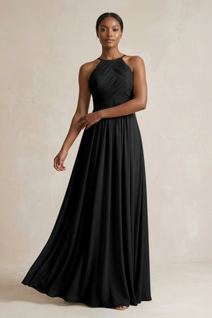 Halter Pleated Chiffon A - Line Bridesmaid Dress in Black - KissProm Bridesmaid Dresses
