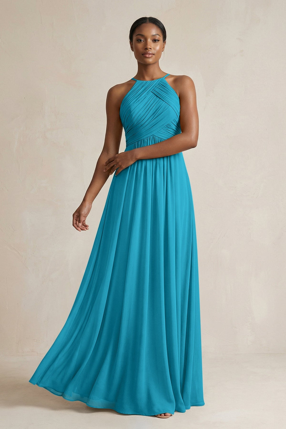 Halter Pleated Chiffon A - Line Bridesmaid Dress in Blue Jay - KissProm Bridesmaid Dresses