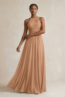 Halter Pleated Chiffon A - Line Bridesmaid Dress in Bronzer - KissProm Bridesmaid Dresses