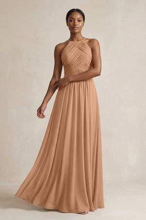 Halter Pleated Chiffon A - Line Bridesmaid Dress in Bronzer - KissProm Bridesmaid Dresses