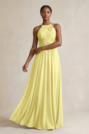 Halter Pleated Chiffon A - Line Bridesmaid Dress in Buttercup - KissProm Bridesmaid Dresses