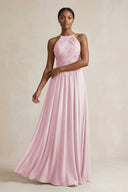 Halter Pleated Chiffon A - Line Bridesmaid Dress in Candy Pink - KissProm Bridesmaid Dresses
