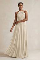 Halter Pleated Chiffon A - Line Bridesmaid Dress in Champagne - KissProm Bridesmaid Dresses