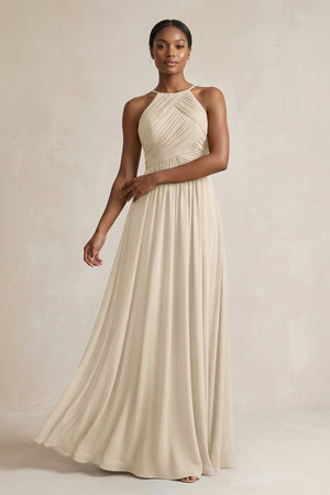 Halter Pleated Chiffon A - Line Bridesmaid Dress in Champagne - KissProm Bridesmaid Dresses