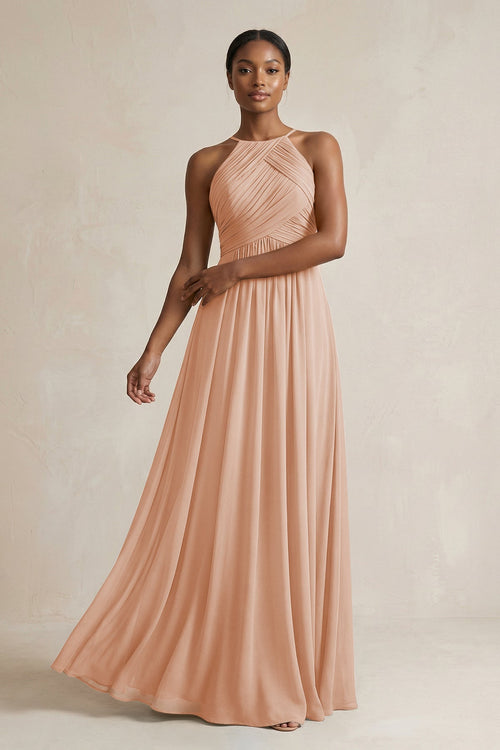 KissProm | Halter Pleated Chiffon A-Line Bridesmaid Dress in Champagne Rose KissProm | Halter Pleated Chiffon A-Line Bridesmaid Dress in Champagne Rose