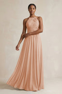 Halter Pleated Chiffon A - Line Bridesmaid Dress in Champagne Rose - KissProm Bridesmaid Dresses
