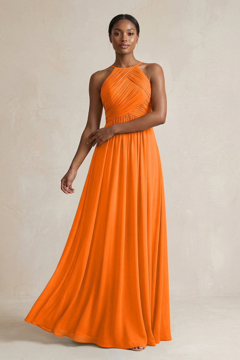 Halter Pleated Chiffon A - Line Bridesmaid Dress in Cinnamon - KissProm Bridesmaid Dresses