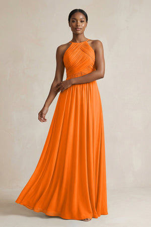 Halter Pleated Chiffon A - Line Bridesmaid Dress in Cinnamon - KissProm Bridesmaid Dresses