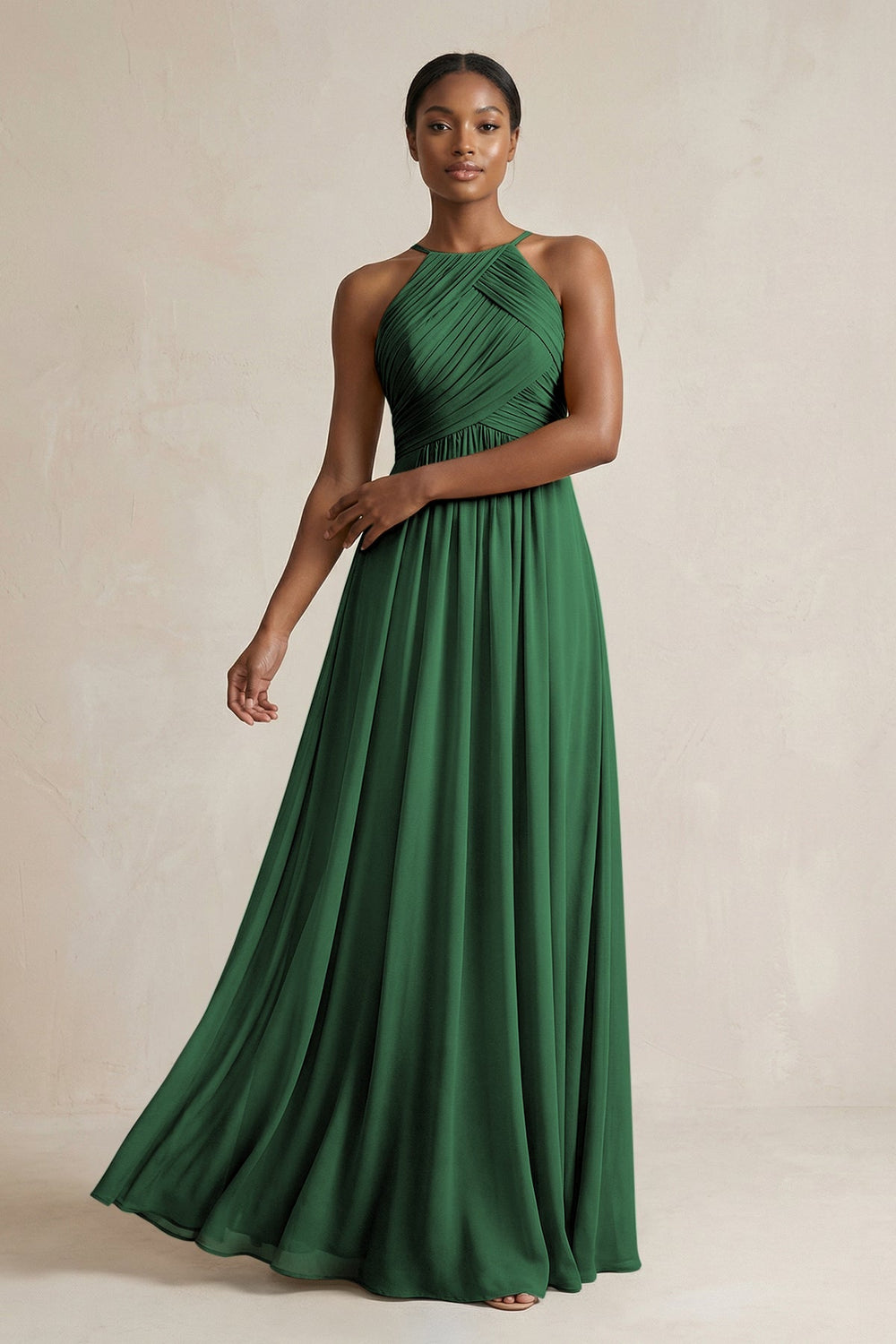 Halter Pleated Chiffon A - Line Bridesmaid Dress in Dark Green - KissProm Bridesmaid Dresses