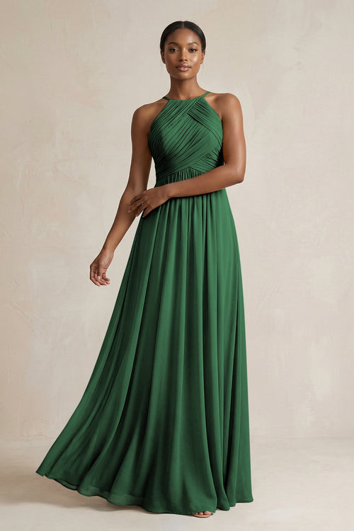 Halter Pleated Chiffon A - Line Bridesmaid Dress in Dark Green - KissProm Bridesmaid Dresses
