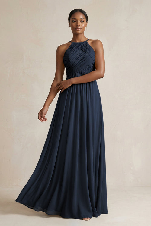 pleated chiffon halter dress Halter Pleated Chiffon A-Line Bridesmaid Dress in Dark Navy