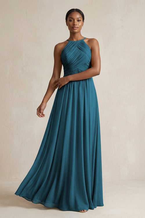 Halter Pleated Chiffon A - Line Bridesmaid Dress in Dark Teal - KissProm Bridesmaid Dresses