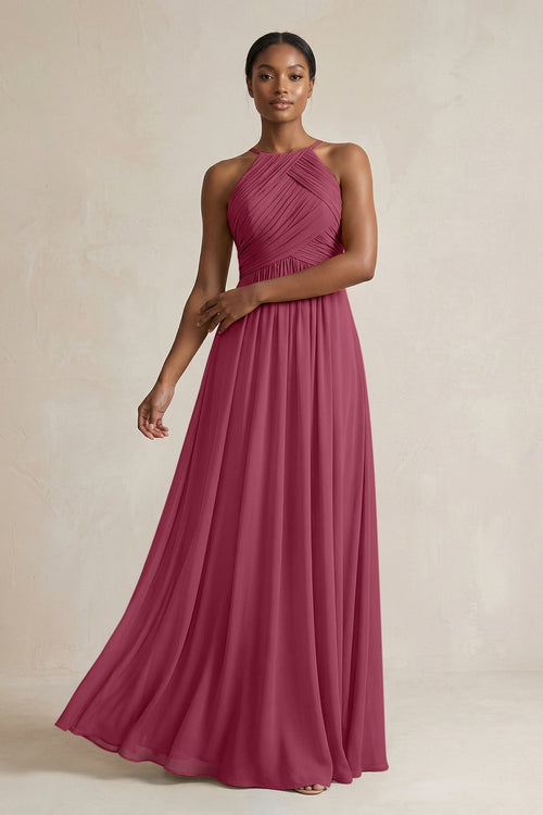 KissProm | Halter Pleated Chiffon A-Line Bridesmaid Dress in Desert Rose KissProm | Halter Pleated Chiffon A-Line Bridesmaid Dress in Desert Rose