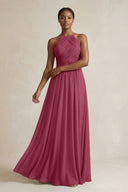 Halter Pleated Chiffon A - Line Bridesmaid Dress in Desert Rose - KissProm Bridesmaid Dresses