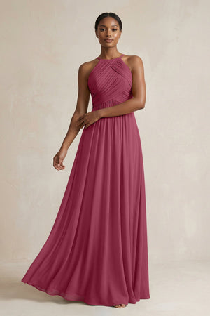 Halter Pleated Chiffon A - Line Bridesmaid Dress in Desert Rose - KissProm Bridesmaid Dresses