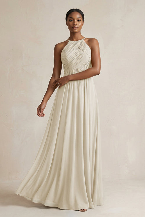 Halter Pleated Chiffon A-Line Bridesmaid Dress in Dove Gray