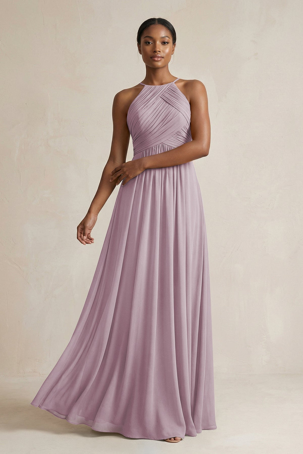 Halter Pleated Chiffon A - Line Bridesmaid Dress in Dusk - KissProm Bridesmaid Dresses