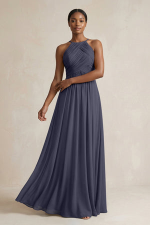 Halter Pleated Chiffon A - Line Bridesmaid Dress in Dusk Blue - KissProm Bridesmaid Dresses