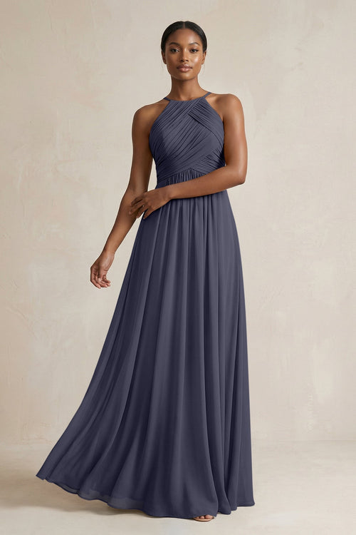 Halter Pleated Chiffon A - Line Bridesmaid Dress in Dusk Blue - KissProm Bridesmaid Dresses