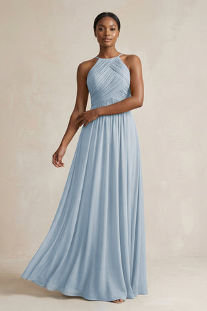 Halter Pleated Chiffon A - Line Bridesmaid Dress in Dusty Blue - KissProm Bridesmaid Dresses