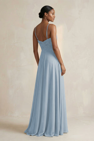 Halter Pleated Chiffon A - Line Bridesmaid Dress in Dusty Blue - KissProm Bridesmaid Dresses