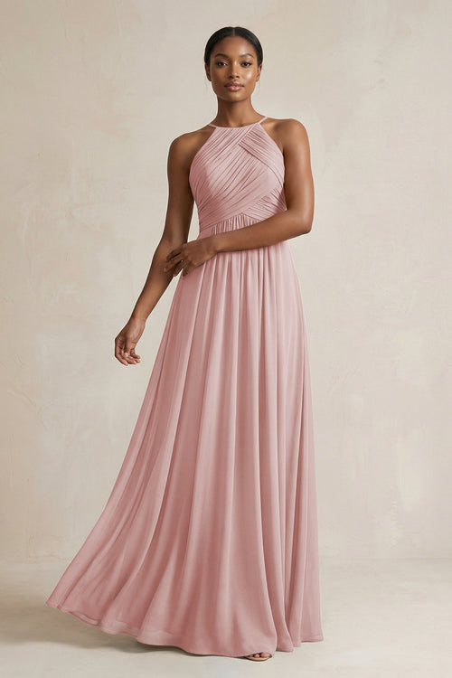 KissProm | Halter Pleated Chiffon A-Line Bridesmaid Dress in Dusty Rose KissProm | Halter Pleated Chiffon A-Line Bridesmaid Dress in Dusty Rose
